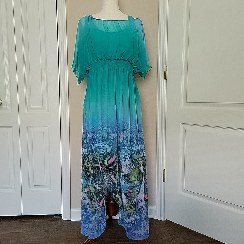 One World Womens Dress Size XL Flowly Fairy Butterfly Sheer Ethereal Ombre Green